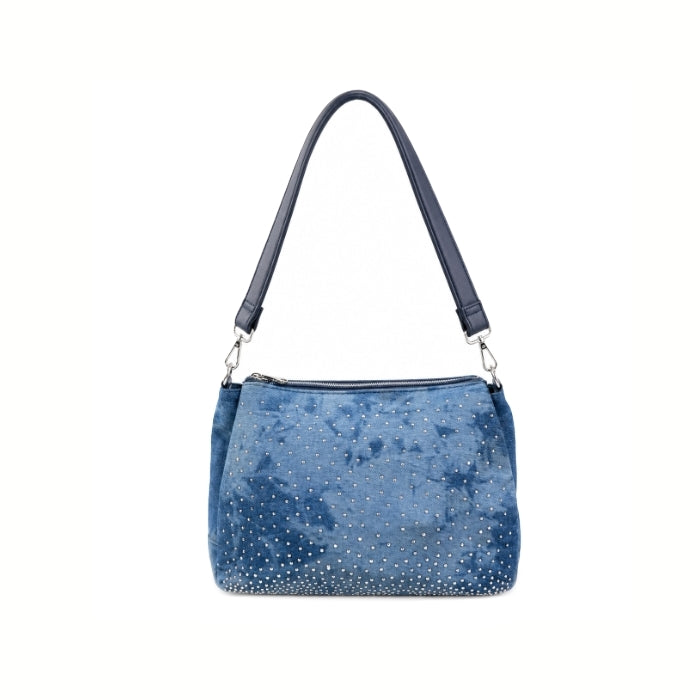 Beta.B - Borsa A Spalla - Denim Blu con Strass | Elegante e Compatta con Zip