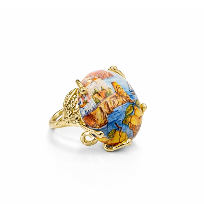 Cartoleria 4+1 - Bijoux - Anello Artigianale Paesaggio Mediterraneo - Regolabile | Ceramica e Ottone