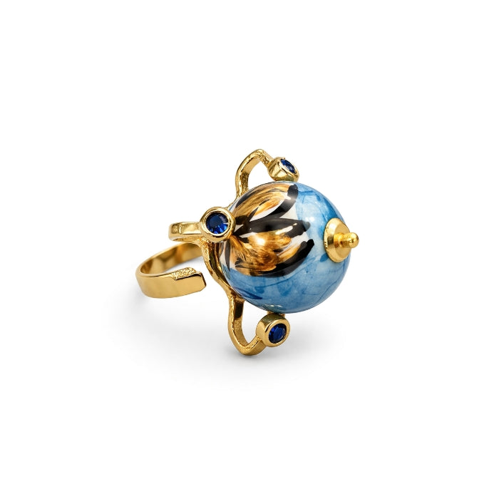 Cartoleria 4+1 - Bijoux - Anello Artigianale Sfera Blu - Regolabile | Ceramica e Ottone