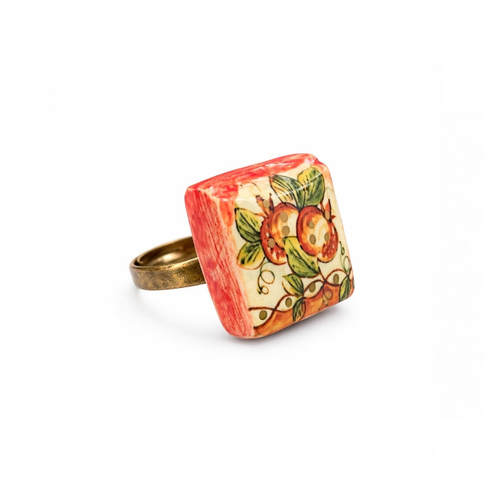 Cartoleria 4+1 - Bijoux - Anello Artigianale in Ceramica Regolabile | Design Maiolica Melograno - Handmade
