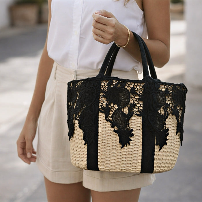 Cartoleria 4+1 - Borsa A Spalla in Raffia & Pizzo