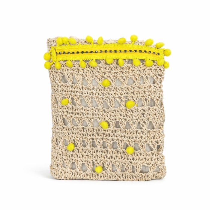 Cartoleria 4+1 - Borsa A Tracolla - Crochet Beige con Pompon Gialli | Estiva Donna