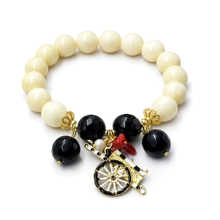 Cartoleria 4+1 - Bracciale Artigianale Perle Avorio e Onice Nero con Ciondolo Carretto Siciliano | Elastico