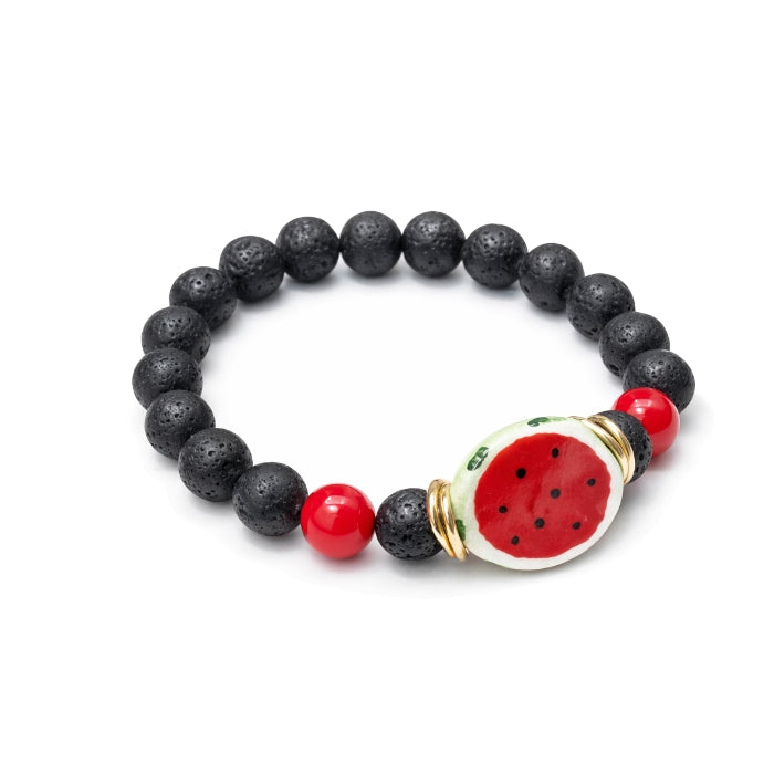 Cartoleria 4+1 - Bracciale Artigianale con Pietre Laviche e Ciondolo Anguria | Elastico - Design Estivo - Made in Italy