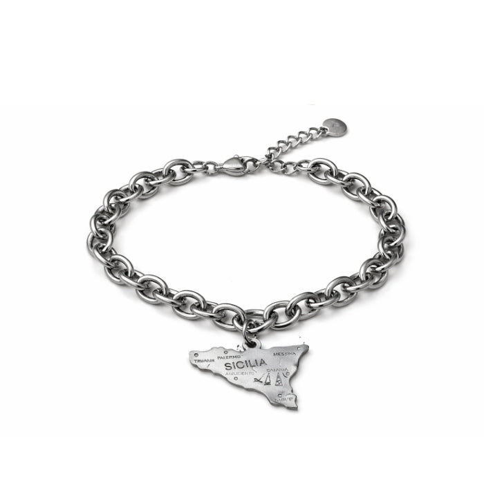 Cartoleria 4+1 - Bracciale Catena in Acciaio con Ciondolo Sicilia | Gioiello Unisex Regolabile - Made in Italy