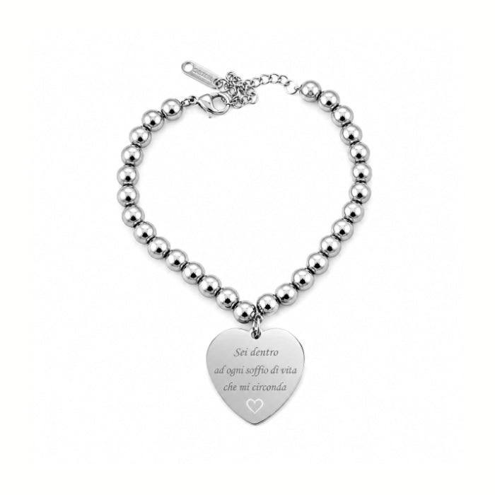 Cartoleria 4+1 - Bracciale Donna Cuore Inciso Frase "Sei dentro ad ogni soffio di vita" Argento - Acciaio | Regalo Emozionale