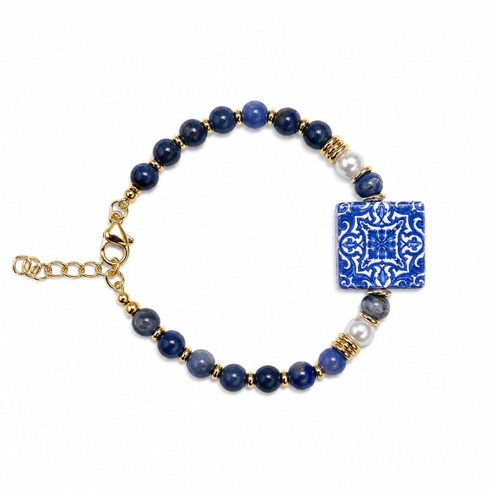 Cartoleria 4+1 - Bracciale Maiolica Blu con Perle Decorative e Dettagli Oro | Stile Mediterraneo Elegante