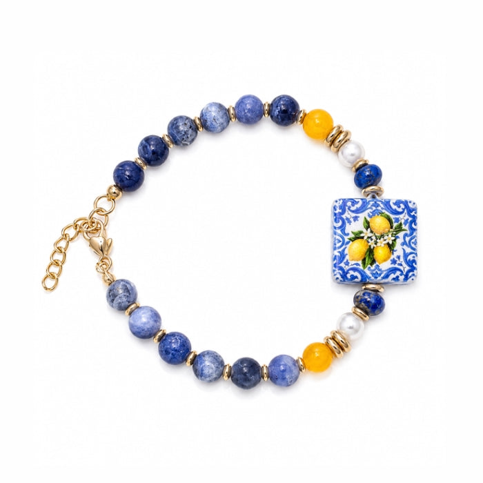 Cartoleria 4+1 - Bracciale Maiolica Siciliana con Limoni | Stile Mediterraneo - Blu e Oro