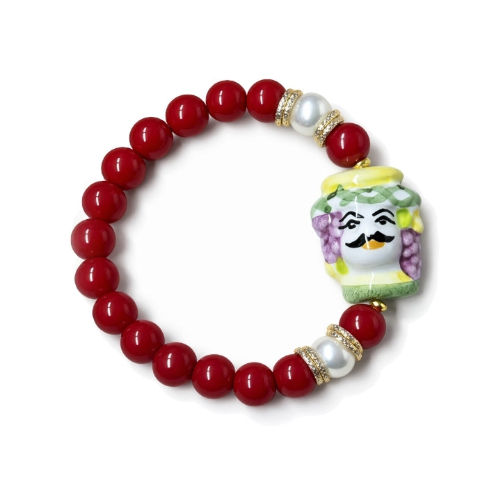 Cartoleria 4+1 - Bracciale Perle Rosse con Testa di Moro Siciliana | Elasticizzato - Artigianale