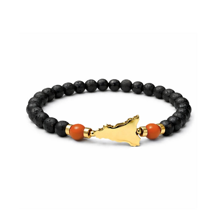 Cartoleria 4+1 - Bracciale Pietra Lavica con Ciondolo Sicilia in Acciaio Oro e Dettagli Colorati | Elasticizzato Unisex