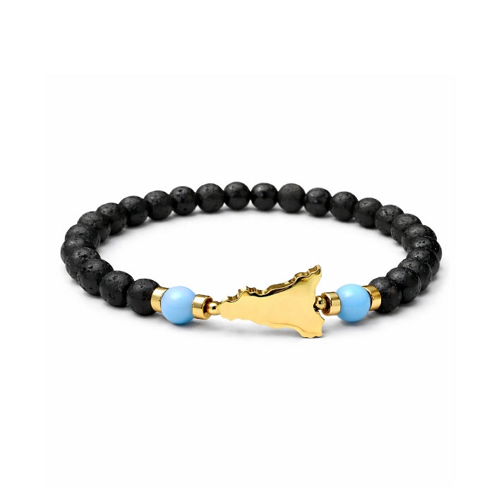 Cartoleria 4+1 - Bracciale Pietra Lavica con Ciondolo Sicilia in Acciaio Oro e Dettagli Colorati | Elasticizzato Unisex
