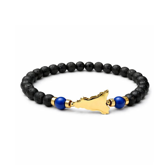 Cartoleria 4+1 - Bracciale Pietra Lavica con Ciondolo Sicilia in Acciaio Oro e Dettagli Colorati | Elasticizzato Unisex