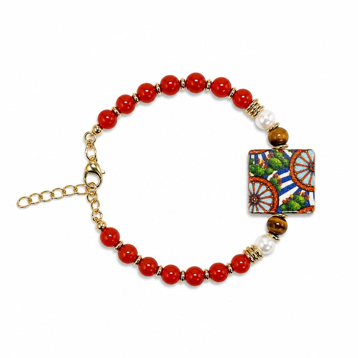 Cartoleria 4+1 - Bracciale Rosso con Maiolica Siciliana e Occhio di Tigre | Gioiello Artigianale Donna