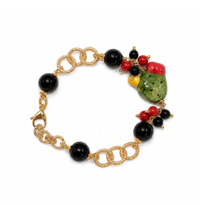 Cartoleria 4+1 - Bracciale con Pala di Fico d’India e Perle Colorate - Catena Dorata con Sfere Decorative | Gioiello Artigianale Siciliano