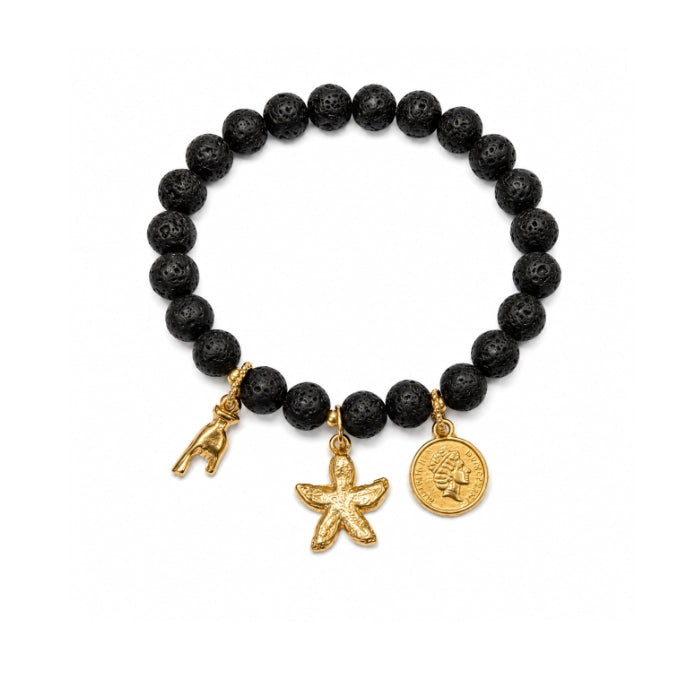 Cartoleria 4+1 - Bracciale in Pietra Lavica Nera con Ciondoli Dorati - Stella Marina, Moneta e Corno | Gioiello Artigianale Uomo/Donna