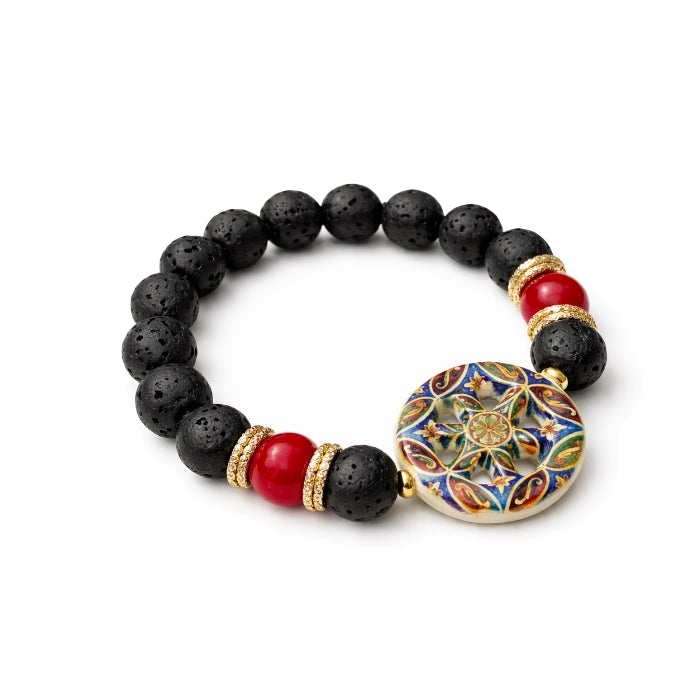 Cartoleria 4+1 - Bracciale in Pietra Lavica con Ruota Siciliana in Ceramica - Decorata con Pietra Colorata | Elasticizzato - Artigianale