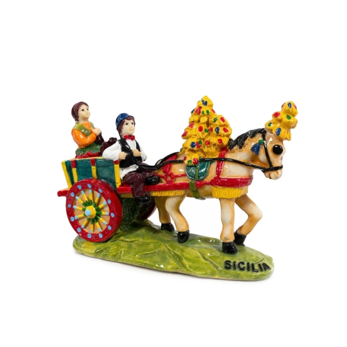 Cartoleria 4+1 - Carretto Siciliano Decorativo con Cavallo e Coppia | Statuina Artigianale Colorata "Sicilia"