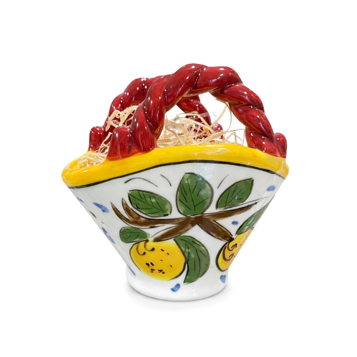 Cartoleria 4+1 - Cestino Siciliano in Ceramica con Limoni e Manico Intrecciato | Decorazione Artigianale
