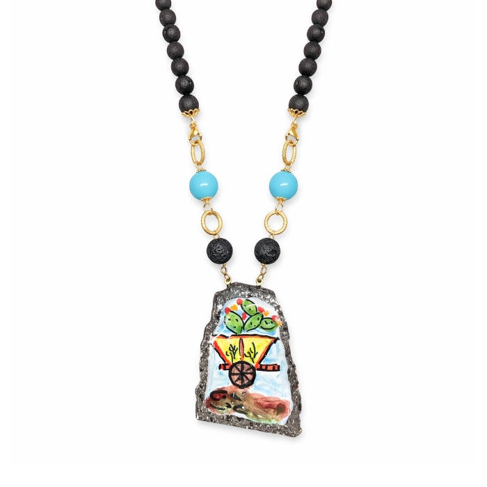 Cartoleria 4+1 - Collana Carretto Siciliano in Ceramica con Pietra Lavica e Turchese | Gioiello Artigianale Elegante