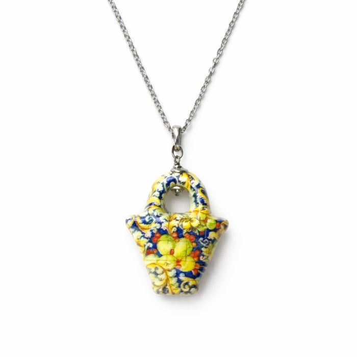 Cartoleria 4+1 - Collana Cestino Siciliano in Ceramica Decorata | Ciondolo Maiolica Artigianale con Catena Argento