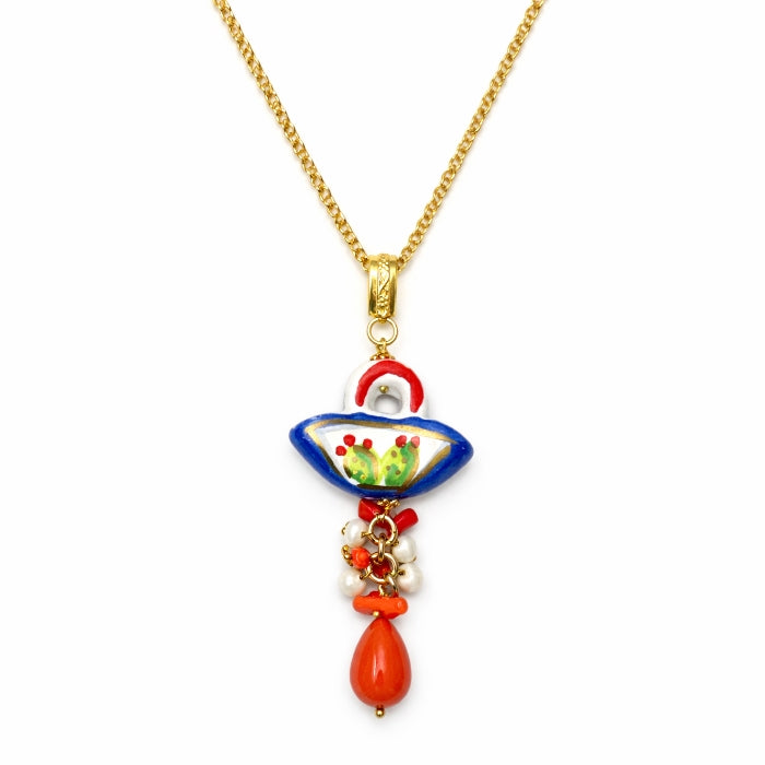 Cartoleria 4+1 - Collana Cestino Siciliano in Ceramica con Fico d’India | Ciondolo Artigianale con Perle e Catena Oro