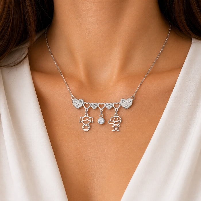 Cartoleria 4+1 - Collana Donna Cuori con Charms Bambini Argento | Acciaio con Zirconi | Idea Regalo Mamma