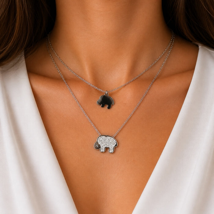 Cartoleria 4+1 - Collana Donna Doppia Elefante Argento | Acciaio con Zirconi | Porta Fortuna