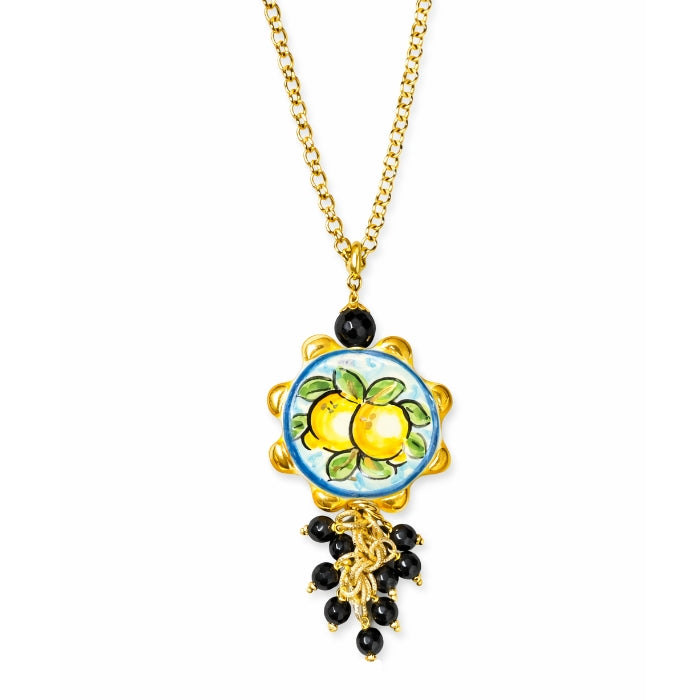 Cartoleria 4+1 - Collana Limoni Siciliani in Ceramica Decorata | Ciondolo Maiolica con Dettagli Oro e Pietre Nere