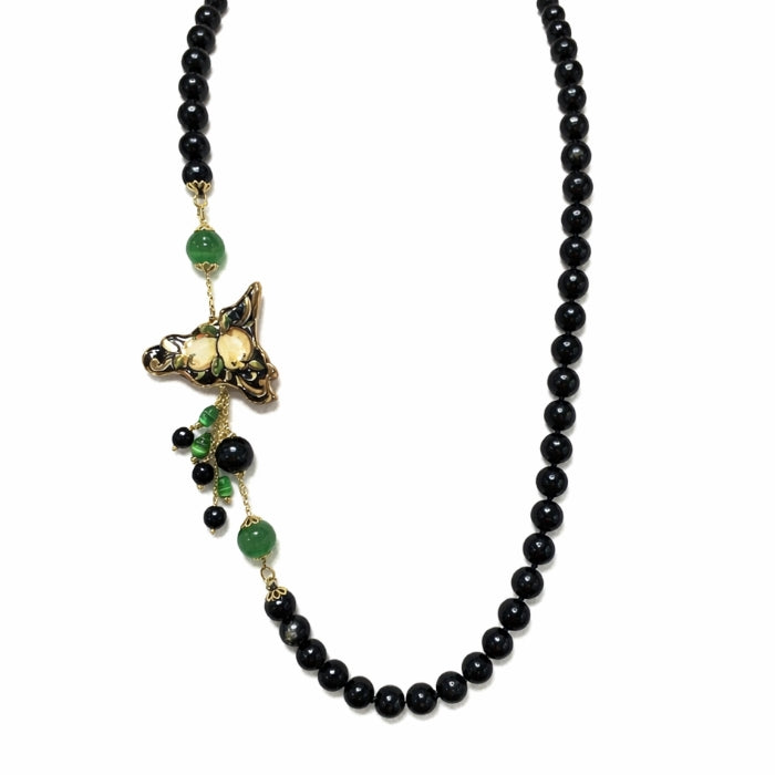 Cartoleria 4+1 - Collana Perle Nere con Limoni in Ceramica | Gioiello Artigianale Siciliano Elegante con Dettagli Oro e Verde