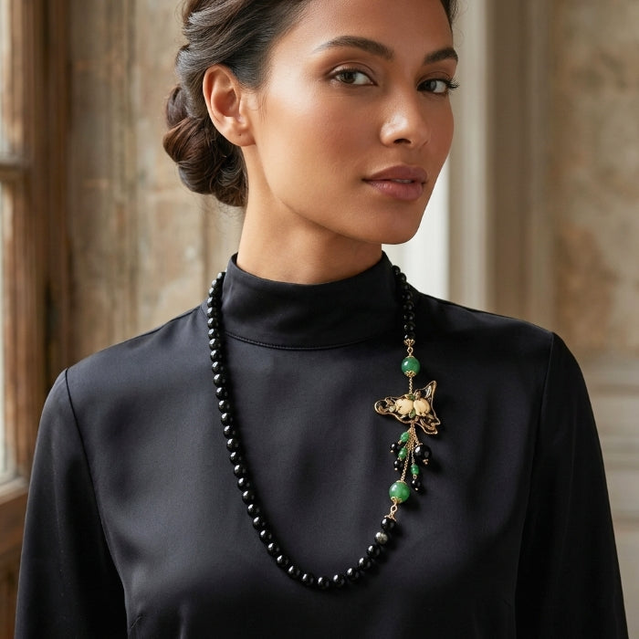 Cartoleria 4+1 - Collana Perle Nere con Limoni in Ceramica | Gioiello Artigianale Siciliano Elegante con Dettagli Oro e Verde