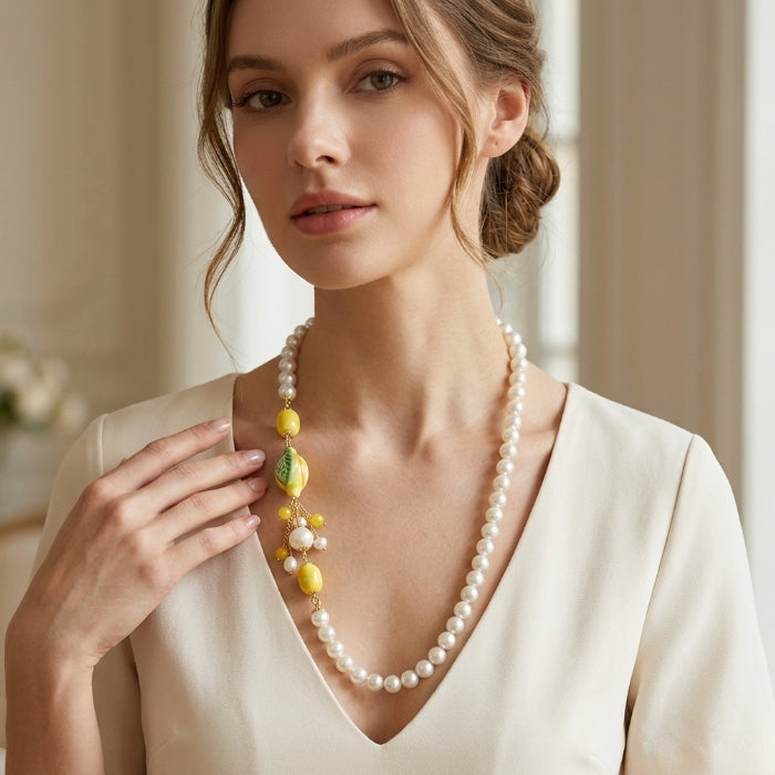 Cartoleria 4+1 - Collana Perle con Limoni in Ceramica | Gioiello Artigianale Siciliano Elegante con Dettagli Oro