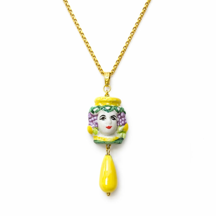 Cartoleria 4+1 - Collana Testa di Moro Donna con Limoni in Ceramica | Ciondolo Artigianale Siciliano con Catena Oro