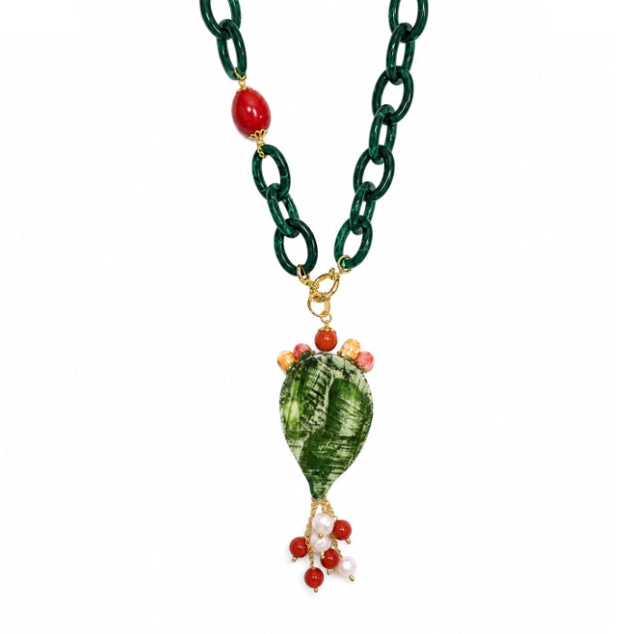 Cartoleria 4+1 - Collana con Pala di Fico d’India e Catena in Resina Verde - Gioiello Artigianale con Ciondolo Siciliano | Idea Regalo Donna