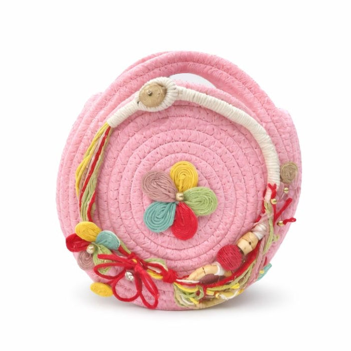 Cartoleria 4+1 - Flower Krone - Borsa Rotonda Artigianale in Corda Rosa | Decorazione Floreale