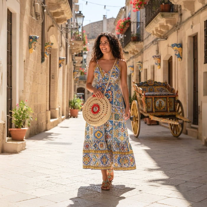 Cartoleria 4+1 - L'Orlando Siculo - Borsa Rotonda Intrecciata con Decorazione Siciliana