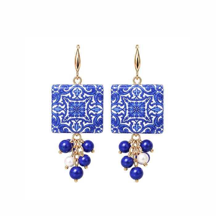 Cartoleria 4+1 - Orecchini Maiolica Blu e Oro con Perle | Pendenti Eleganti