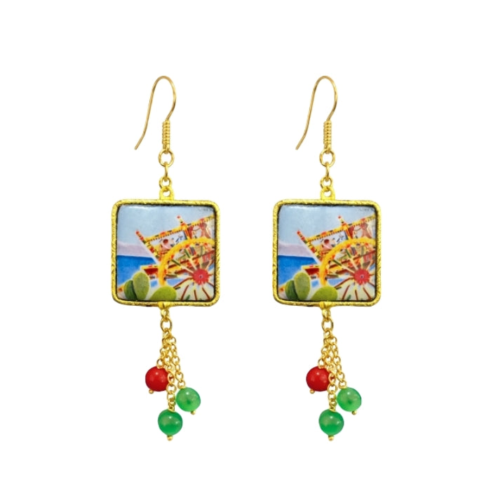 Cartoleria 4+1 - Orecchini Pendenti Carretto Siciliano e Mare | Maiolica con Pendenti Colorati Verde e Rosso