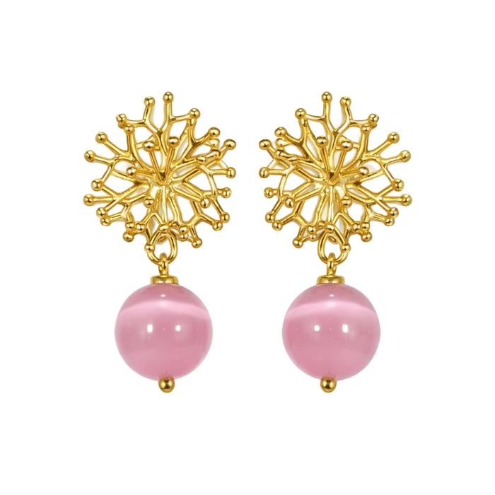 Cartoleria 4+1 - Orecchini Pendenti Dorati con Sfera Rosa | Design Floreale Elegante e Moderno