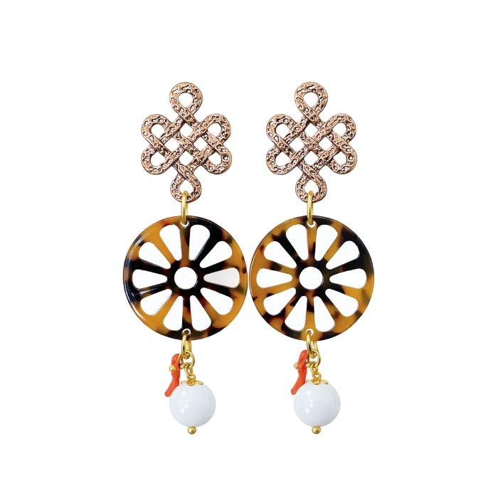 Cartoleria 4+1 - Orecchini Pendenti Effetto Tartarugato con Corallo e Perla | Gioielli Eleganti