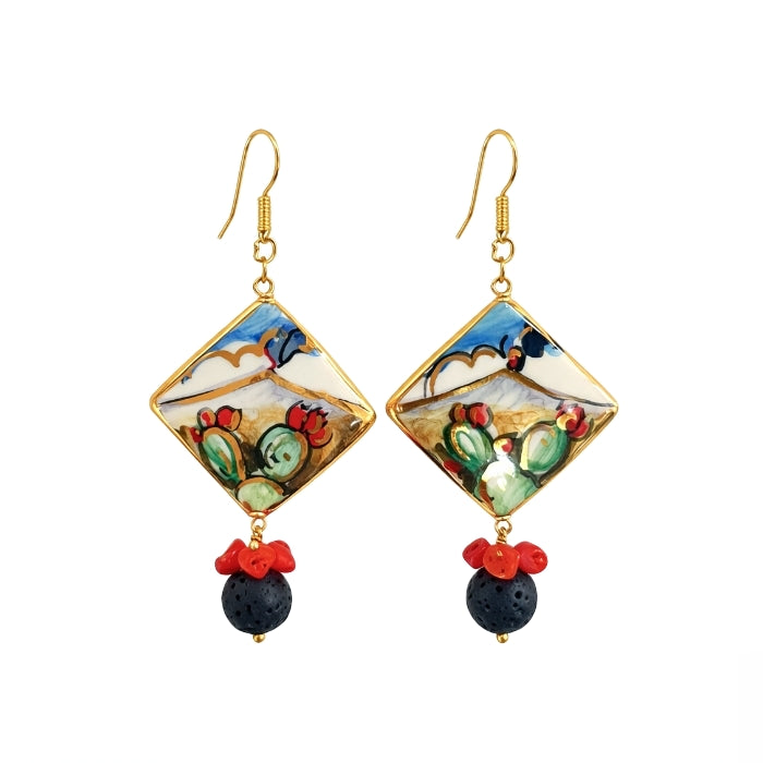 Cartoleria 4+1 - Orecchini Pendenti Maiolica Siciliana con Fico d’India e Etna | Gioielli Artigianali