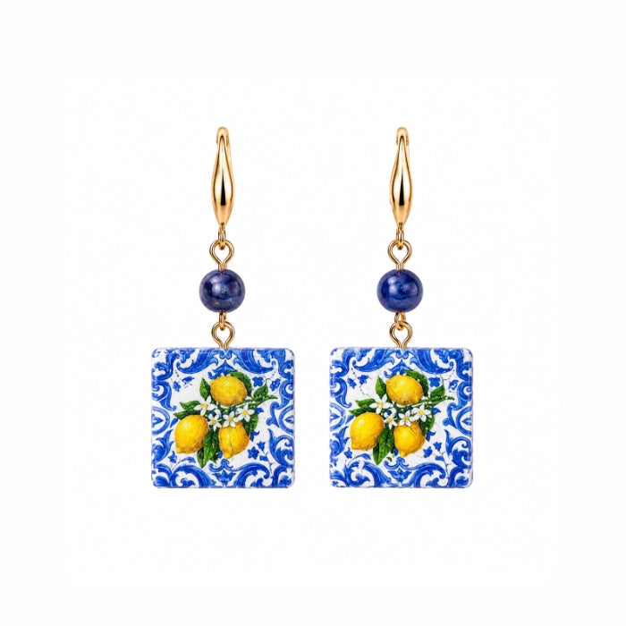 Cartoleria 4+1 - Orecchini Pendenti Maiolica Siciliana con Limoni | Stile Mediterraneo - Blu e Oro