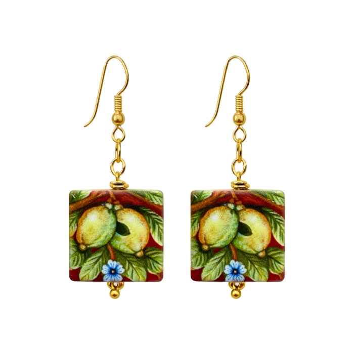 Cartoleria 4+1 - Orecchini Pendenti Quadrati in Ceramica - Decorata con Limoni e Fiori