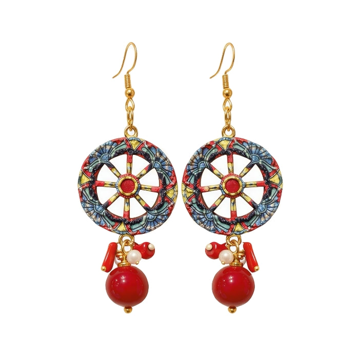 Cartoleria 4+1 - Orecchini Pendenti Ruota Carretto Siciliano con Corallo Rosso e Perle | Gioielli Artigianali