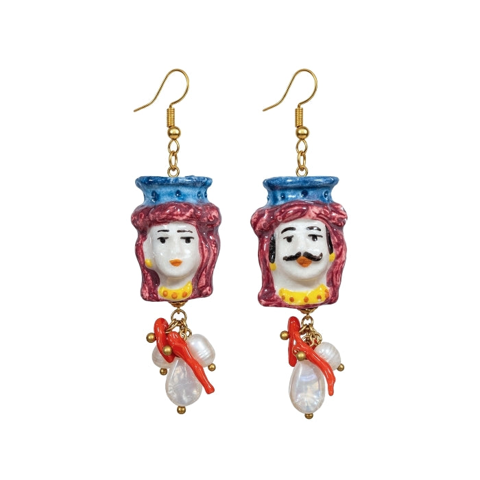 Cartoleria 4+1 - Orecchini Pendenti Teste di Moro in Ceramica - Decorata con Perle e Corallo | Artigianali