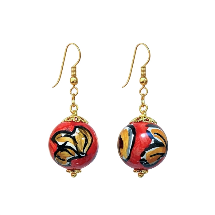Cartoleria 4+1 - Orecchini Pendenti a Sfera in Ceramica Decorata Rossa | Gioielli Artigianali Siciliani Dipinti a Mano