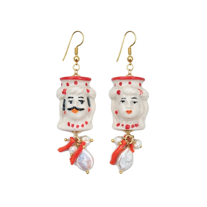 Cartoleria 4+1 - Orecchini Testa di Moro Siciliana con Perle e Corallo | Pendenti Artigianali Eleganti