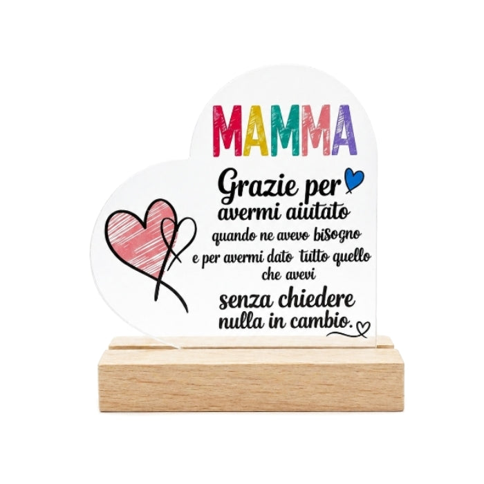 Cartoleria 4+1 - Targa Cuore “Mamma” con Dedica | Regalo Personalizzato in Plexiglass con Base in Legno