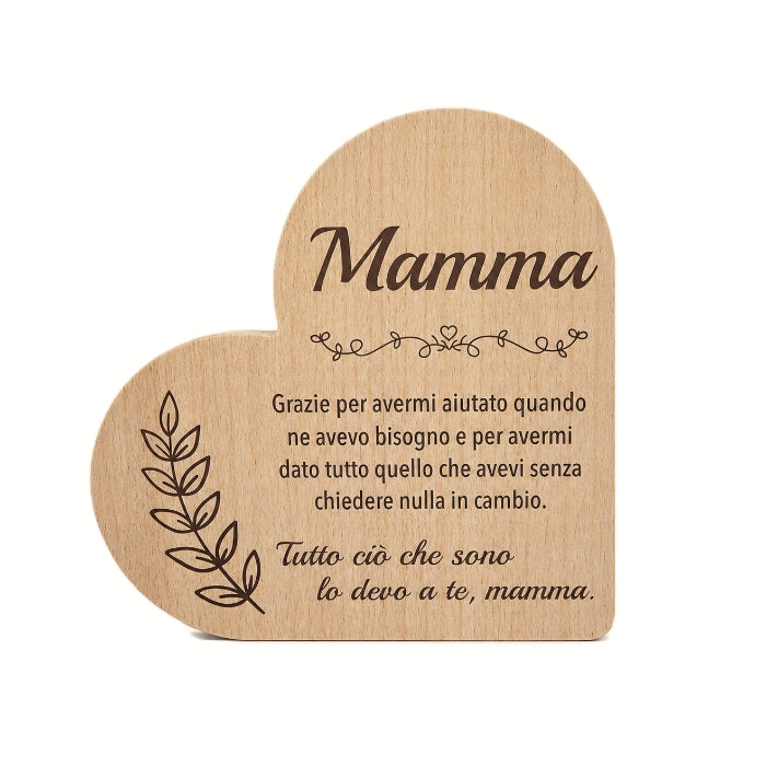 Cartoleria 4+1 - Targa Cuore in Legno "Mamma" con Dedica Incisa | Idea Regalo Festa della Mamma Elegante