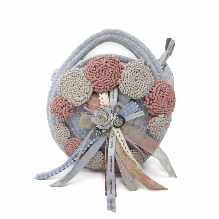 Cartoleria 4+1 - Vintage - Borsa Rotonda Artigianale in Corda Grigia | Stile Vintage Romantico