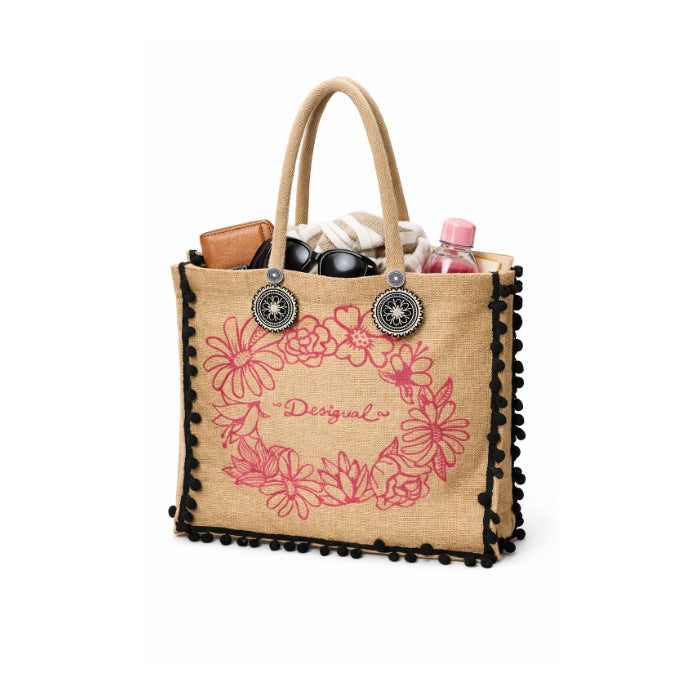 Desigual - Borsa in Juta Naturale | Stile Boho con Dettagli Pompon